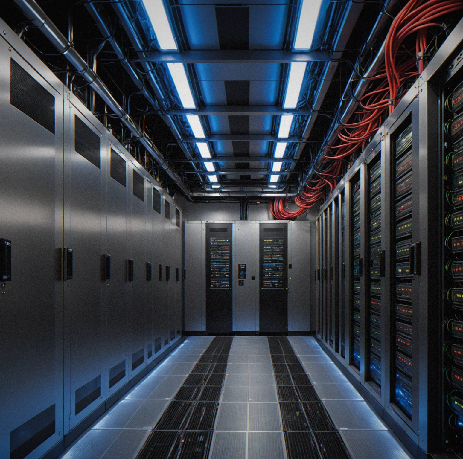 Detailed technical schematic of server farm cooling system showing hot aisle intake, cold aisle discharge, PDU placement, and thermal gradient visualization in color