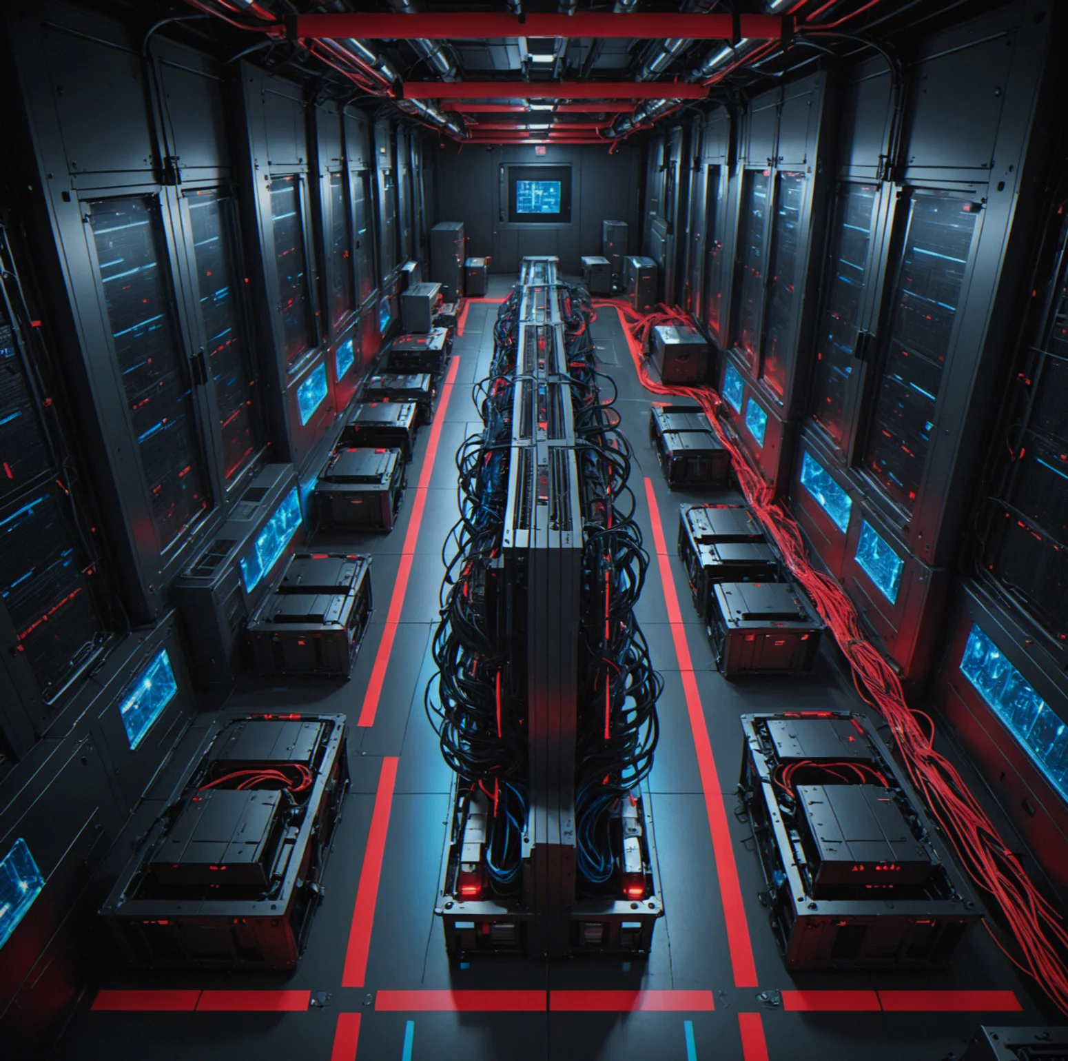 Overhead tactical view of a server farm showing multiple procedurally-generated layouts with cold aisle routing highlighted in blue and patrol paths marked in red
