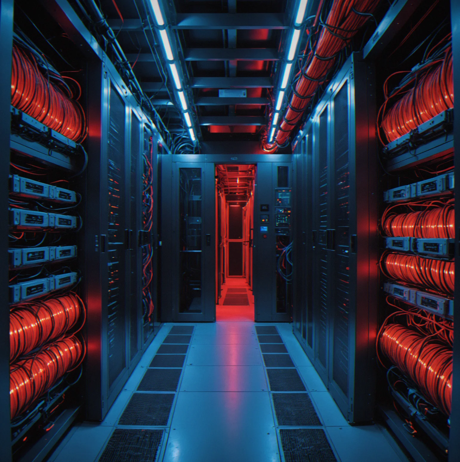 Looking down a server farm cold aisle with thermal imaging on. Temperature zones show up in red and blue, cable bundles are in the way, and you can see which direction the air is flowing