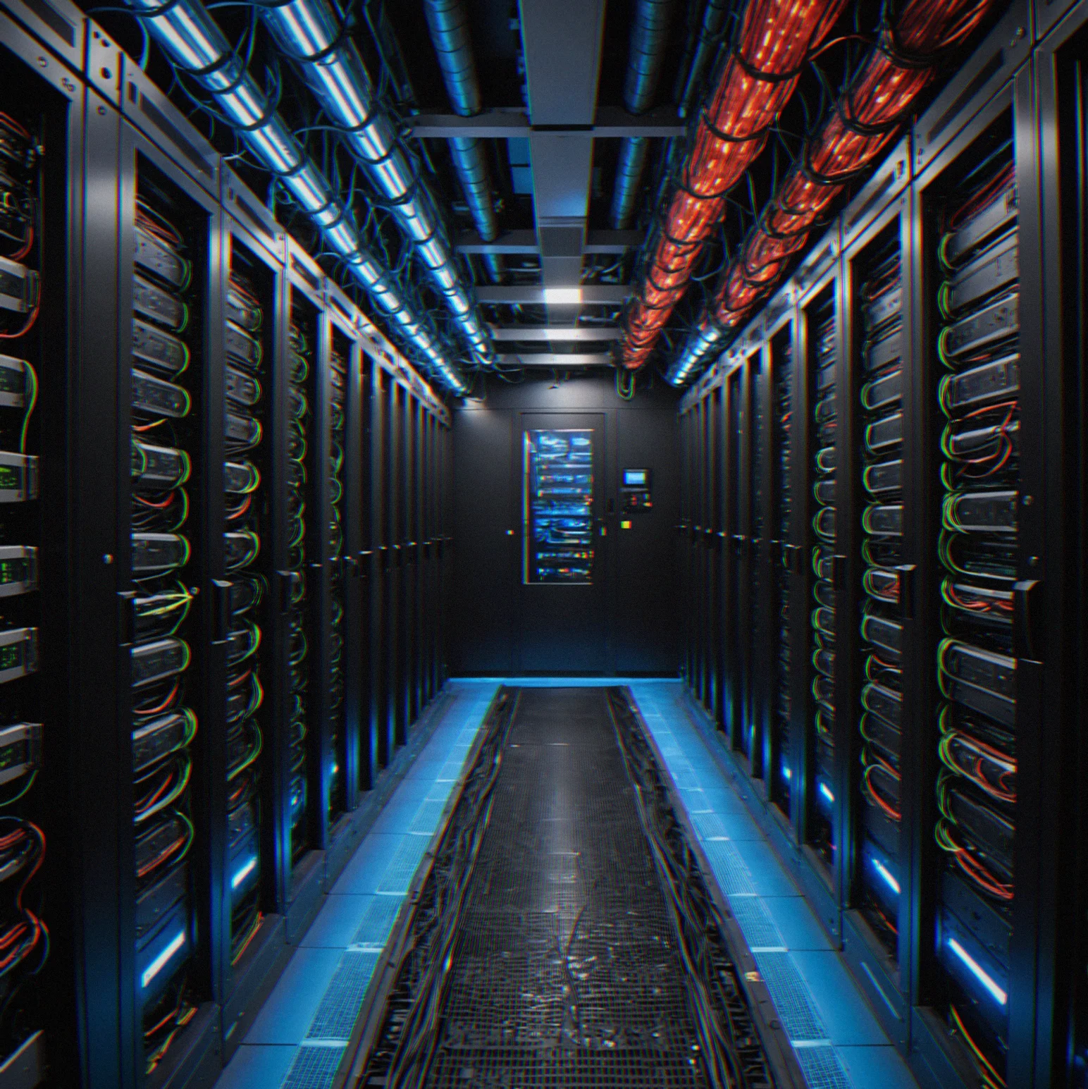 Tightly packed server racks with cables routed everywhere. Power distribution units sit at different spots, and cages around the valuable equipment keep people from just walking up to it