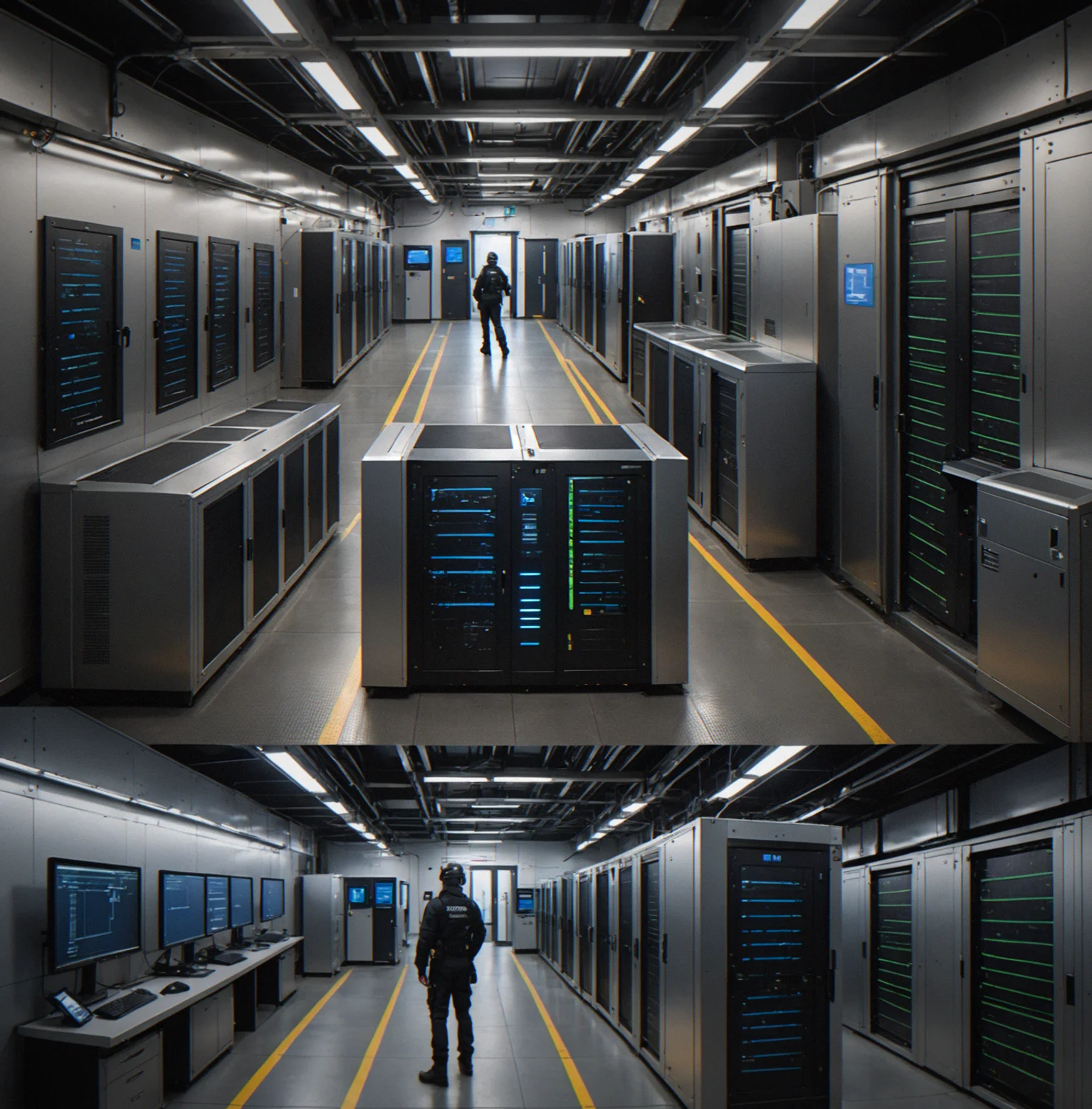 Four-way split-screen showing different infiltration methods: lethal takedown route through vents, non-lethal tranquilizer path via guard stations, hacking entry through network access point, and social engineering approach with forged credentials
