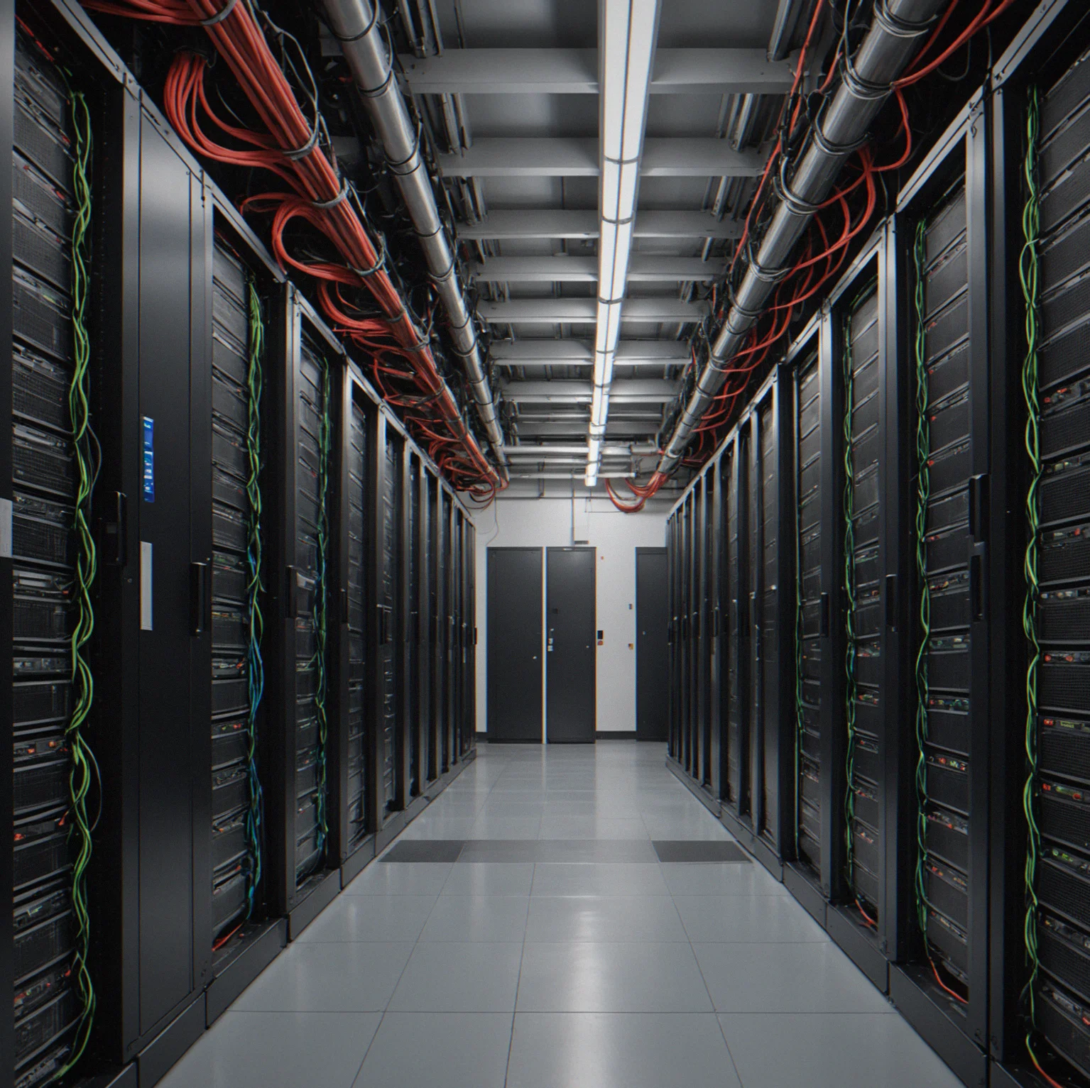 Three side-by-side overhead maps of procedurally-generated server farm layouts showing consistent core infrastructure with varied secondary equipment placement, cable routing, and access point locations