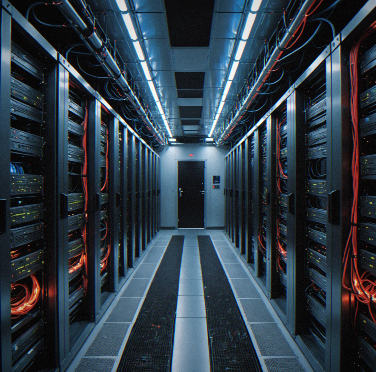 First-person view moving through a server farm cold aisle, thermal vision highlighting hot spots on equipment with cable routing visiible overhead
