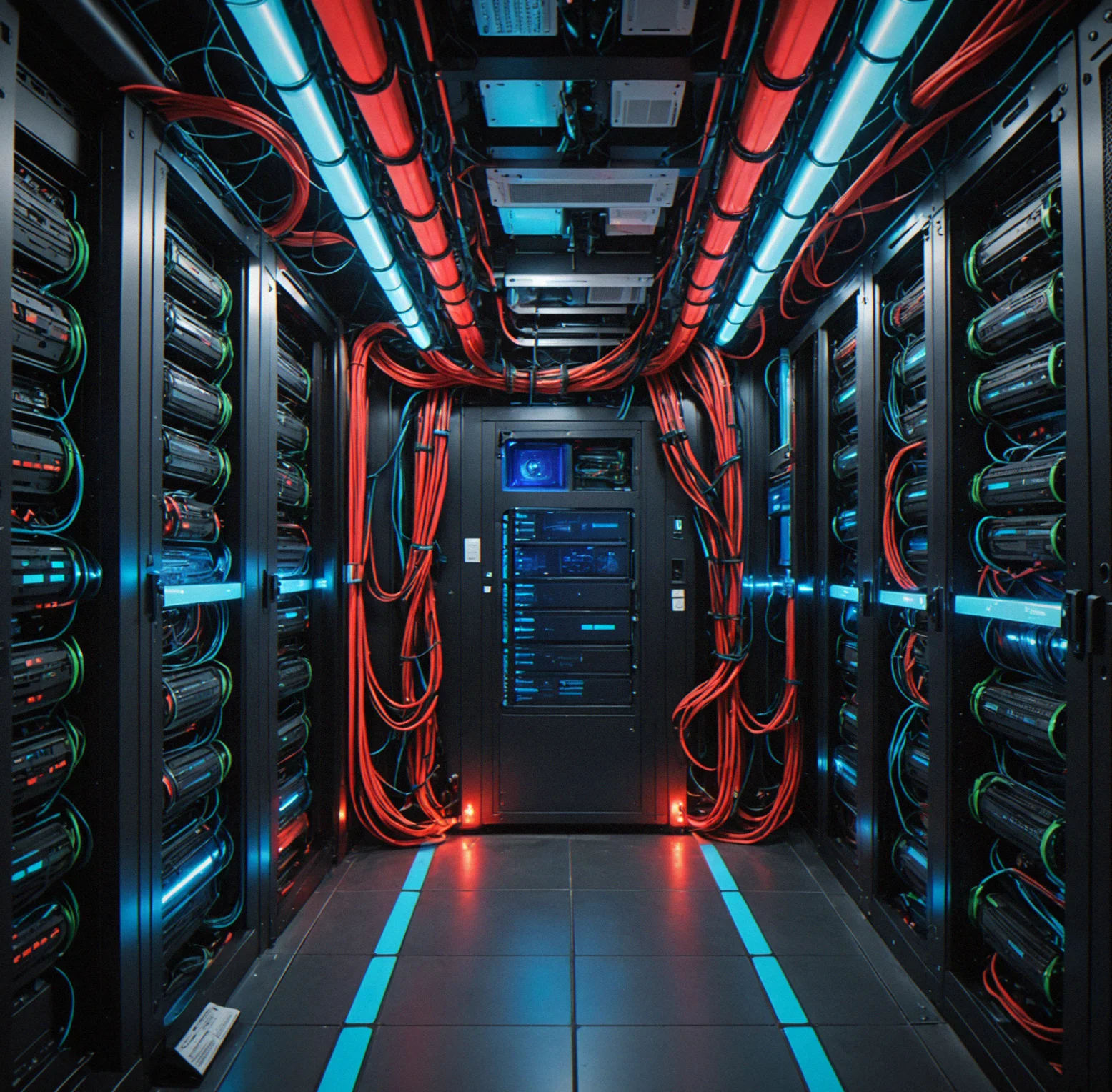 Top-down tactical view showing server clusters, firewall checkpoints marked in red, and packet routing pathways highlighted in cyan across the network topology