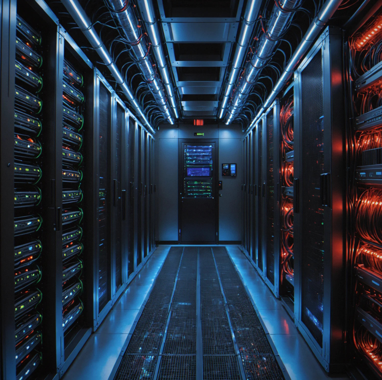 A server farm interior showing cold aisle airflow, racks arranged procedurally, and thermal management systems in place