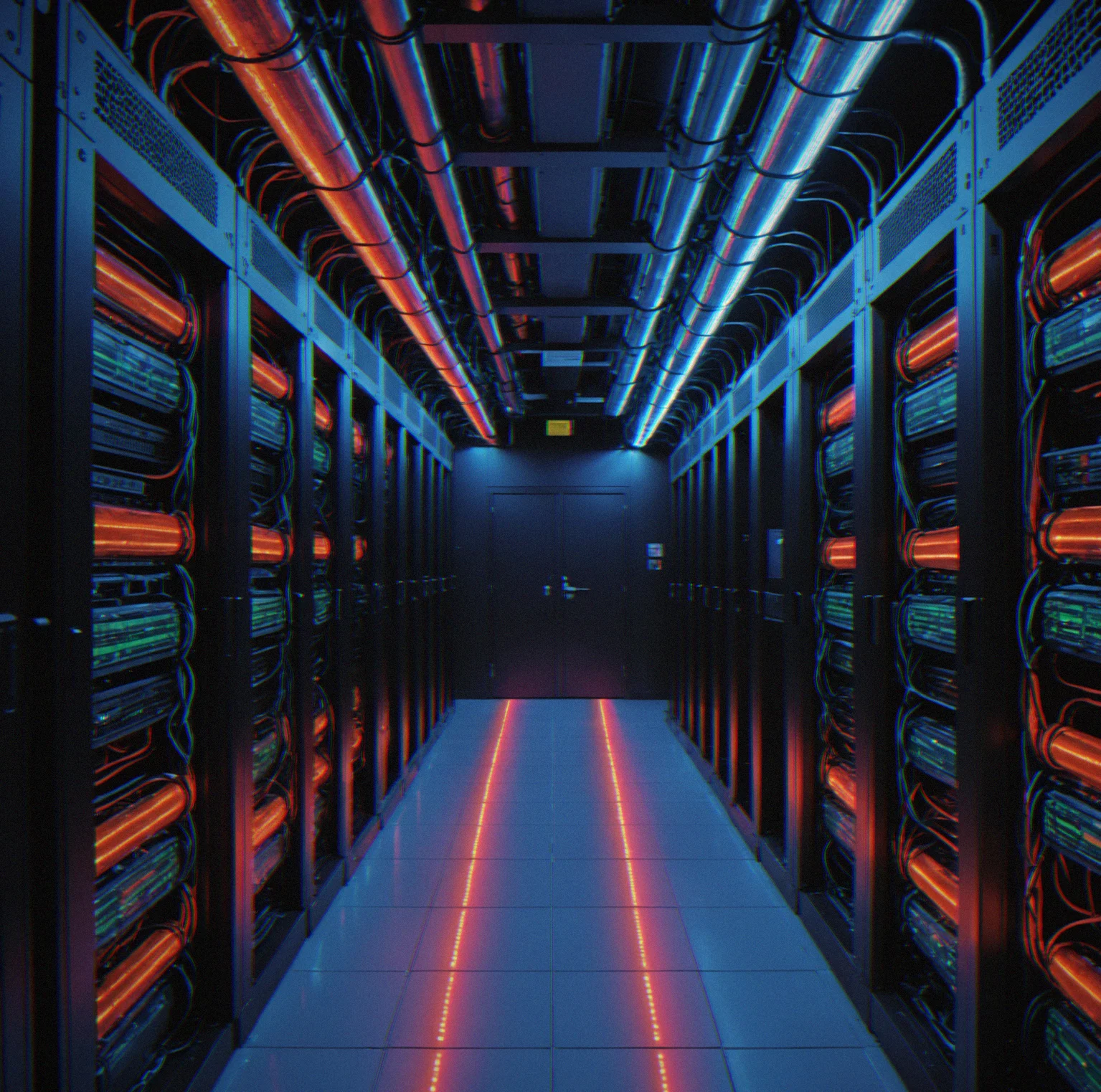 Thermal camera view of a server farm showing hot spot concentrations around CPU clusters and the temperature gradient flowing through cold aisle intake