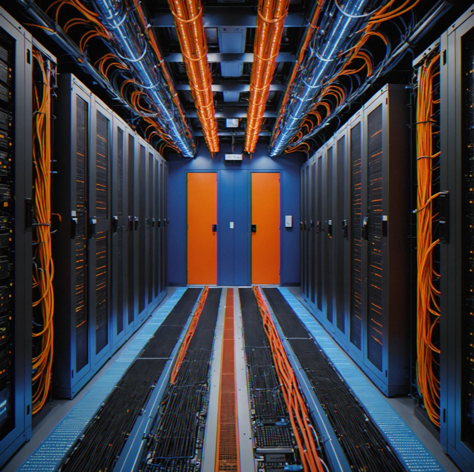 Top-down server farm layout diagram showing power distribution units in red, hot aisle in orange, cold aisle in blue, with cable routing overlaid in white lines