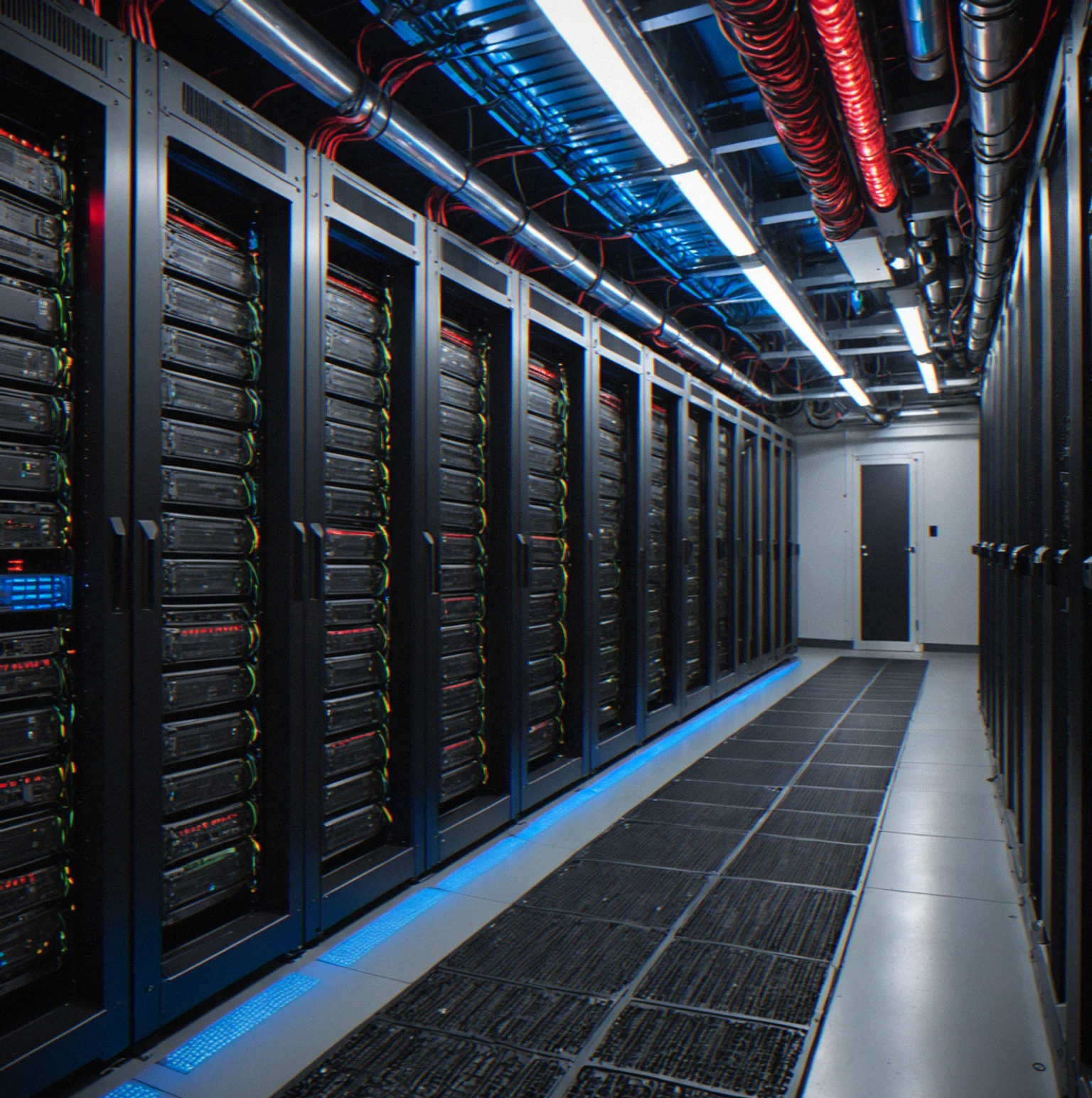 Three different procedurally-generated server farm layouts side by side, showing how core infrastructure remains constant while cbale routing and secondary equipment placement varies